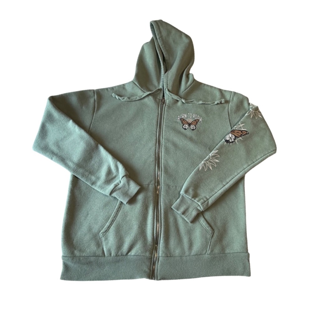 Social Scene Born To Roam Butterfly Graphic‎ Zip Up Hoodie Sage Green XS
